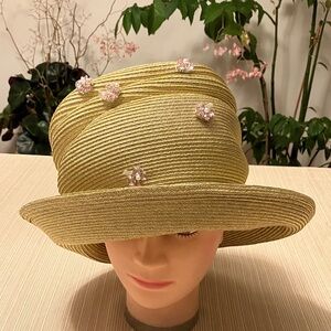 Elegant Metallic Gold Women's Hat with Pink Crystal Butterfly Accents